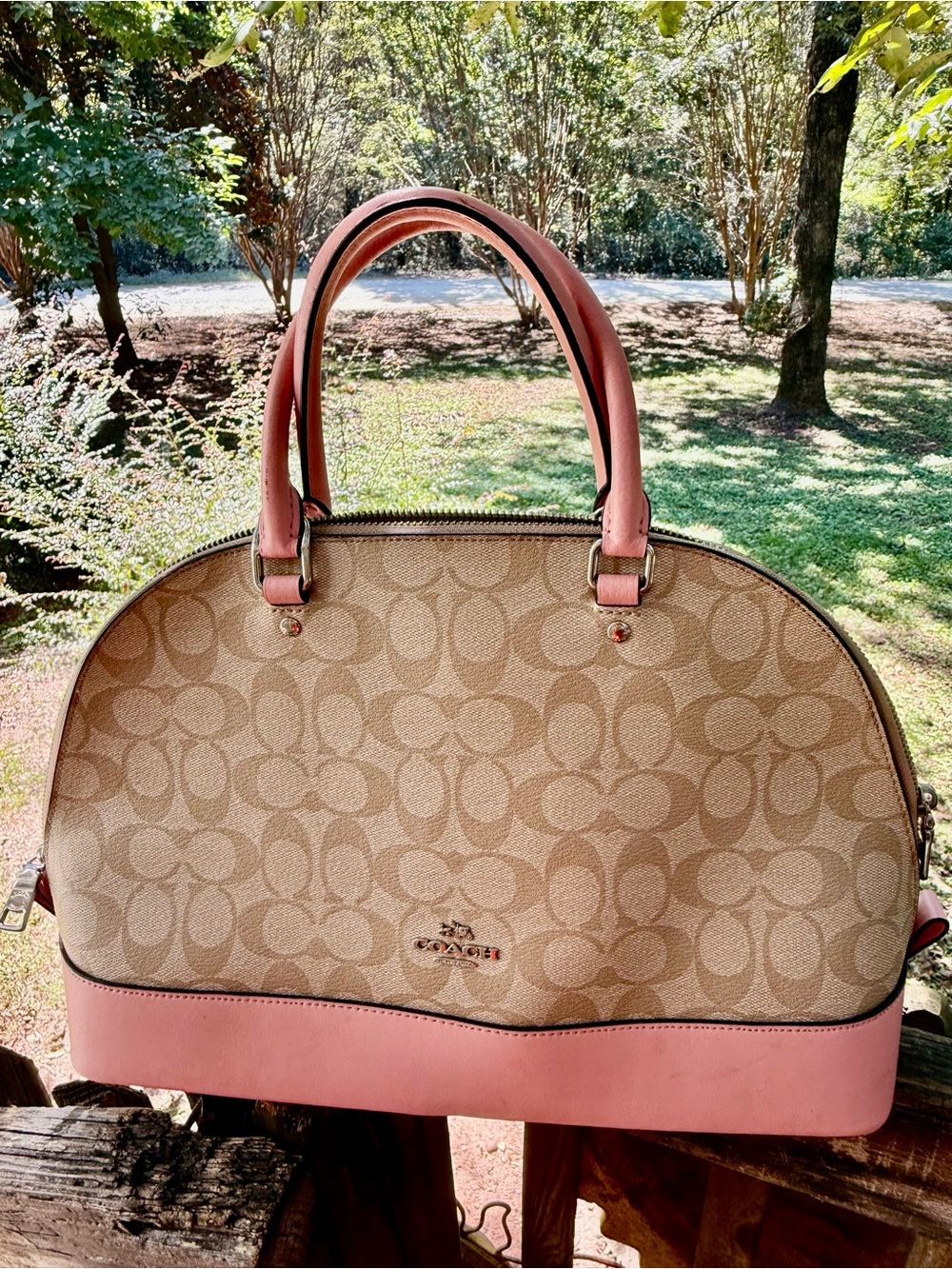 Coach Beige Signature Dome Satchel with Pink Trim